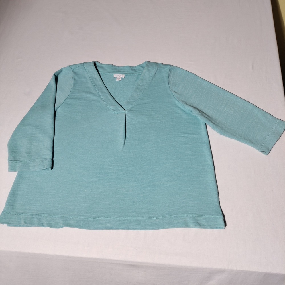 Pure‎ Jill Petite Turquoise Blue 3/4 Sleeve V Neck Cotton Top SZ L - Imperfect